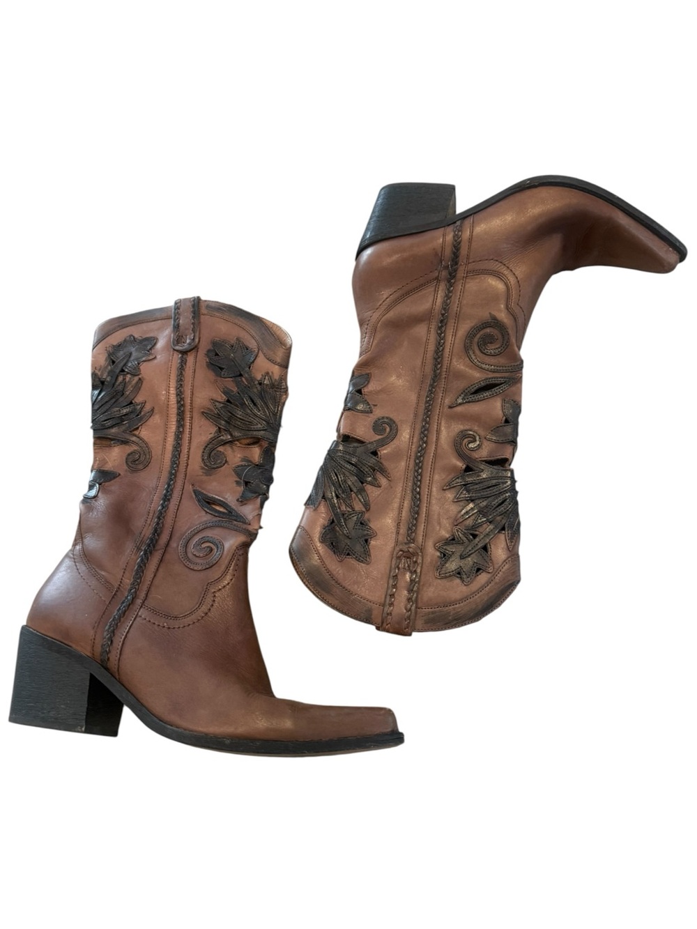 Y2K Carlos Santana Brown Leather Cutout Floral Appliqué Western Cowboy Boots 8.5